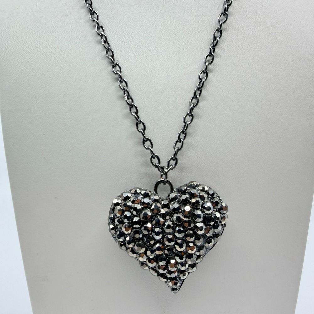 Vintage Y2K Gunmetal Pave Rhinestone Puffy Heart Pendant Necklace Grunge Goth
